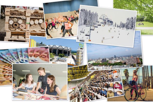 Collage aus verschiedenen Foto-Motiven der TU Dortmund, z.B. Semesteranstoß im Stadion, MatheHelpdesk, Grüner Campus